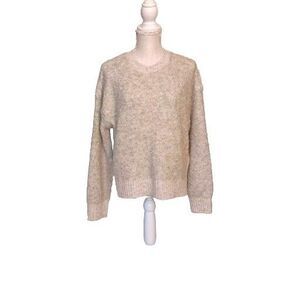Beige Boxy Wool Blend Lagenlook Slub Cozy Warm Crew Neck Sweater Size M/L